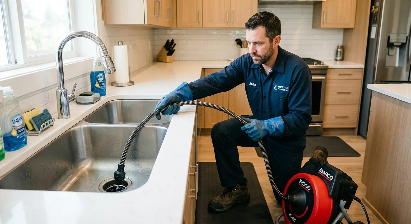 Drain cleaning technician using a motorized snake on a kitchen sink in Credit River