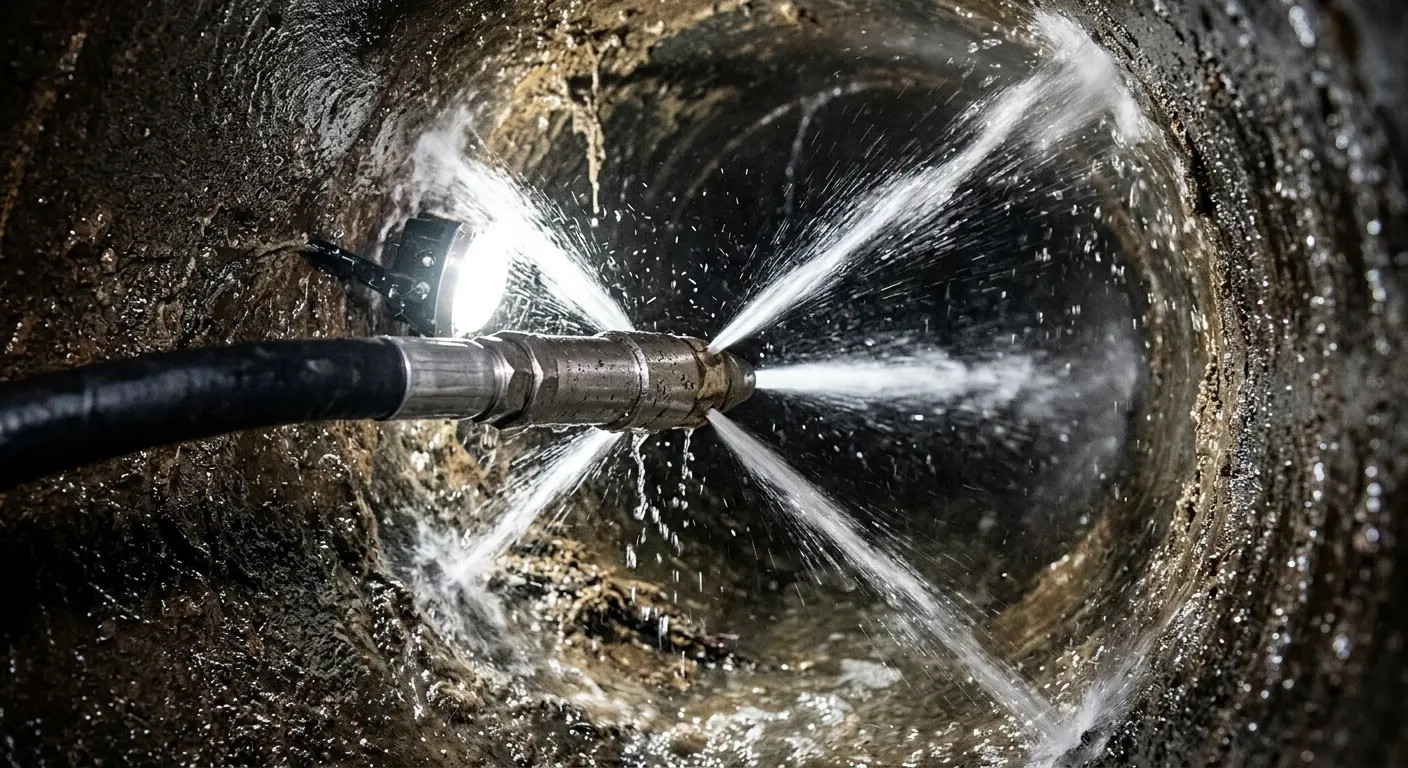 High-pressure hydro jetting nozzle cleaning sewer pipe for Sewer Cleanout in Credit River