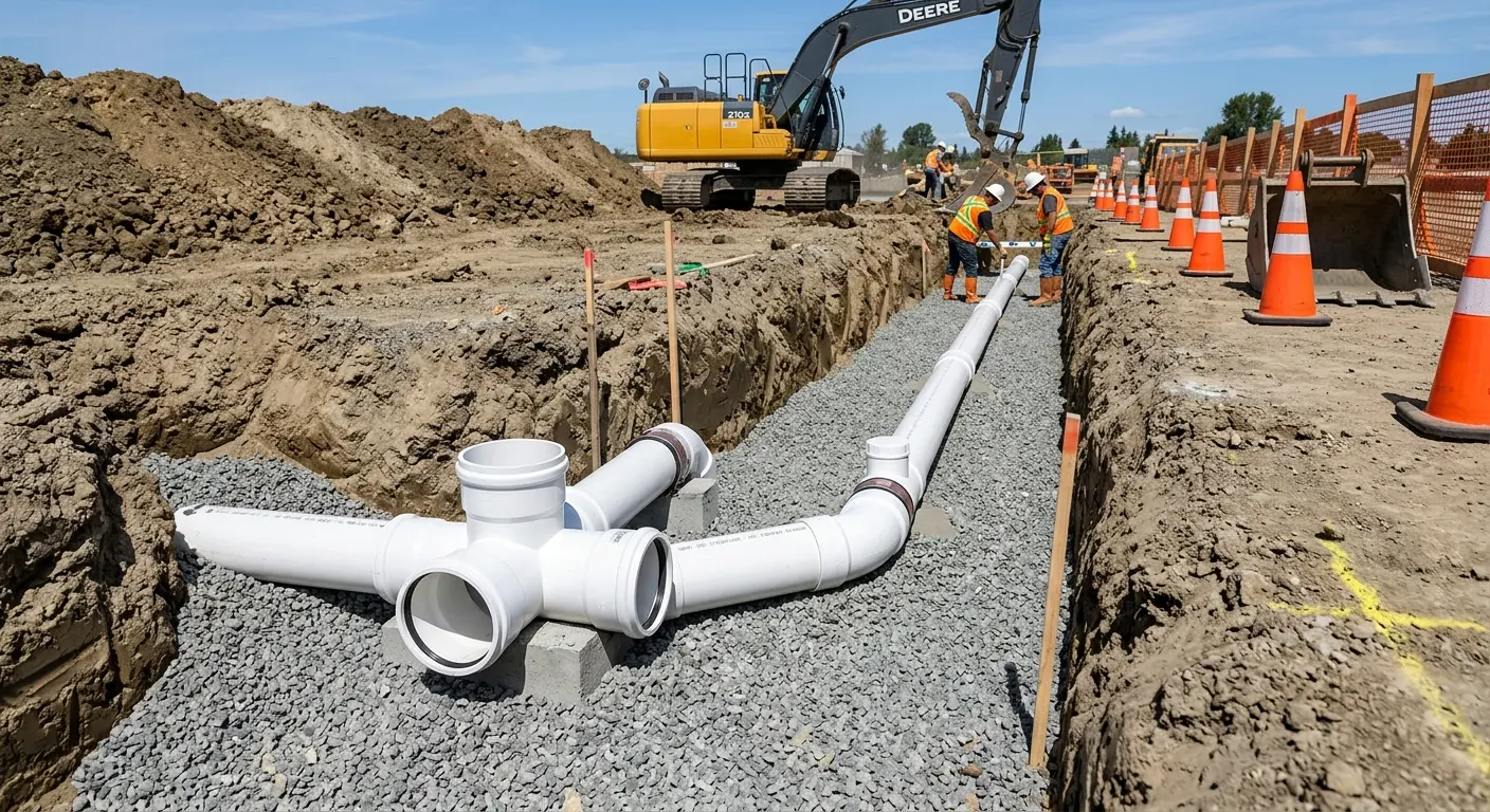 New PVC sewer pipe installation in open trench for Commercial Drain Cleaning in Credit River