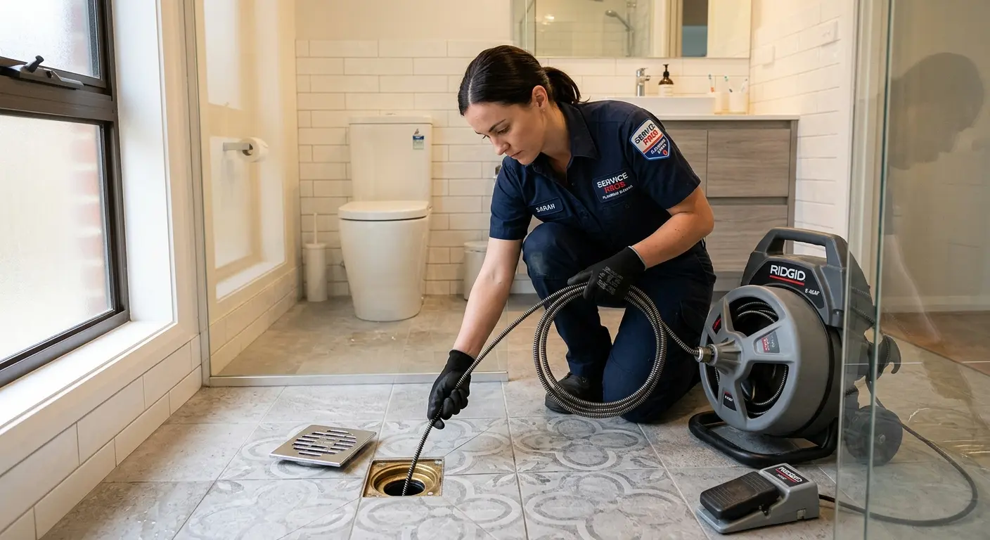 Technician clearing a bathroom floor drain for Drain Cleaning in Credit River